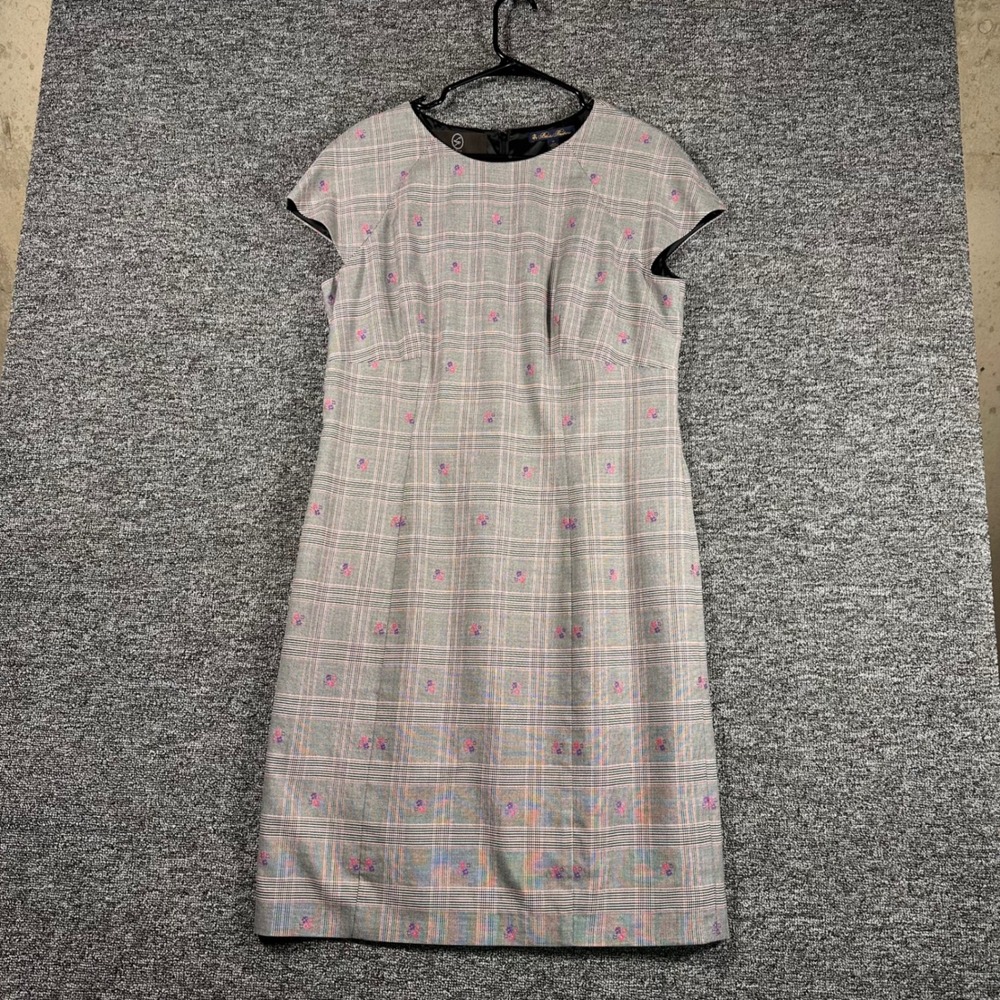 Brooks Brothers Grey Glen Plaid Floral Sheath Dress Italian Fabric Size 14